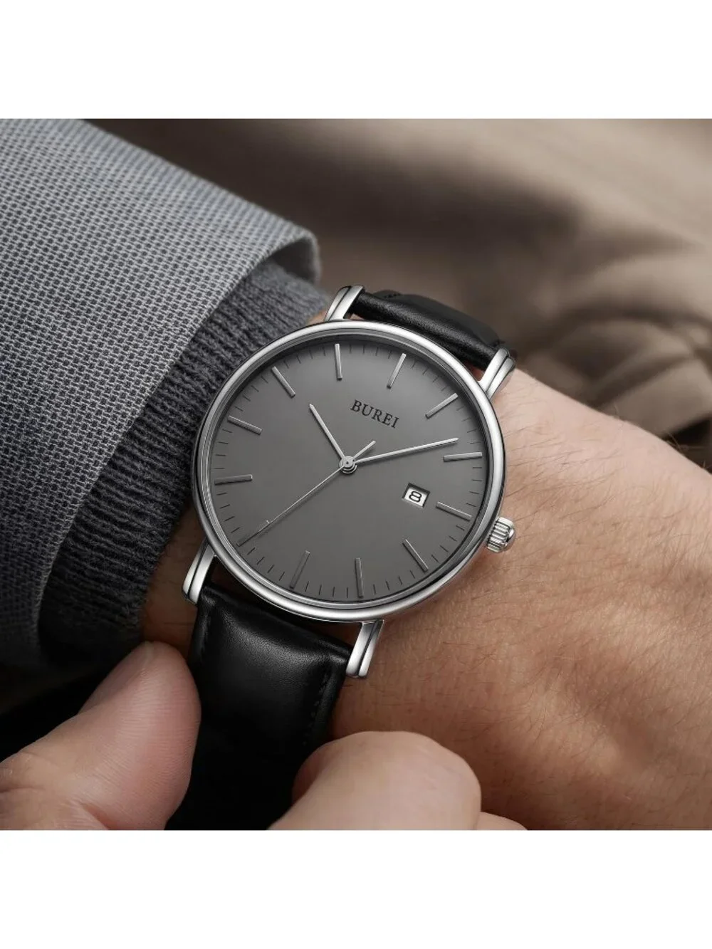 Men's Silver Black Ultra Thin Minimalist Analog Waterproof Classic Wrist Watch